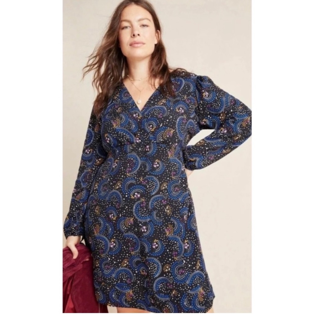 Anthropologie Navy and Gold Patterned Long Sleeve Dress